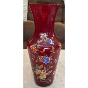 NORLEANS RUBY RED VASE WITH FLOWERS & BUTTERFLIES 11 1/2” TALL / MADE IN ITALY